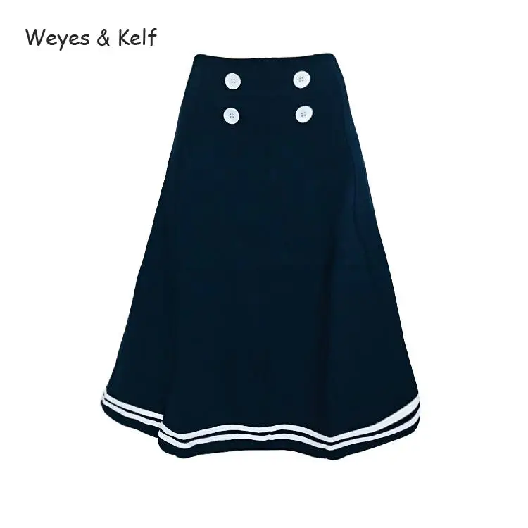Weyes &amp Kelf Button High Waist Retro Skirts Womens Dark Blue Elegantes 2020 Summer Skirt Knee-length For Women Faldas | Женская