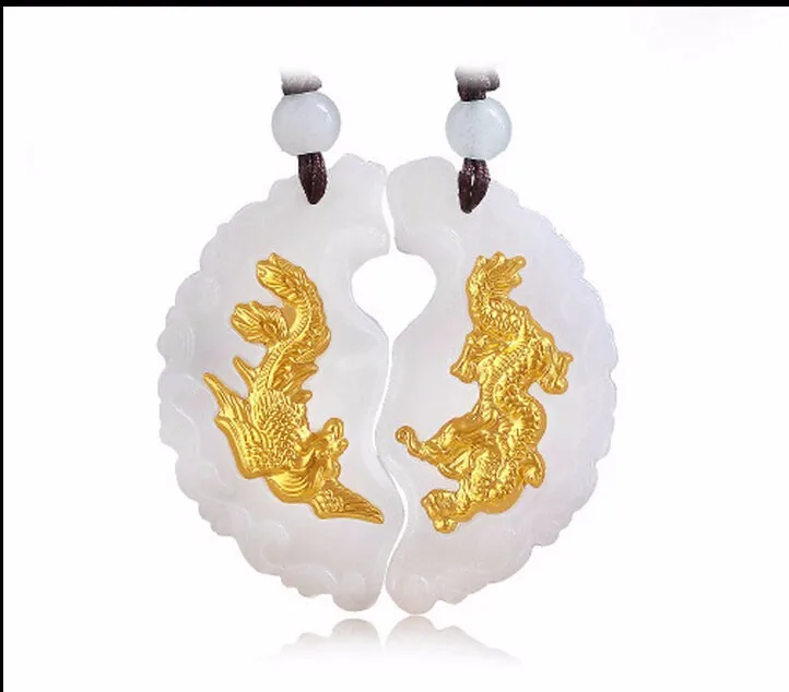 

New 100% Natural new/Jadeite 24k 999 Yellow Gold A pair of Dragon Phoenix Pendant