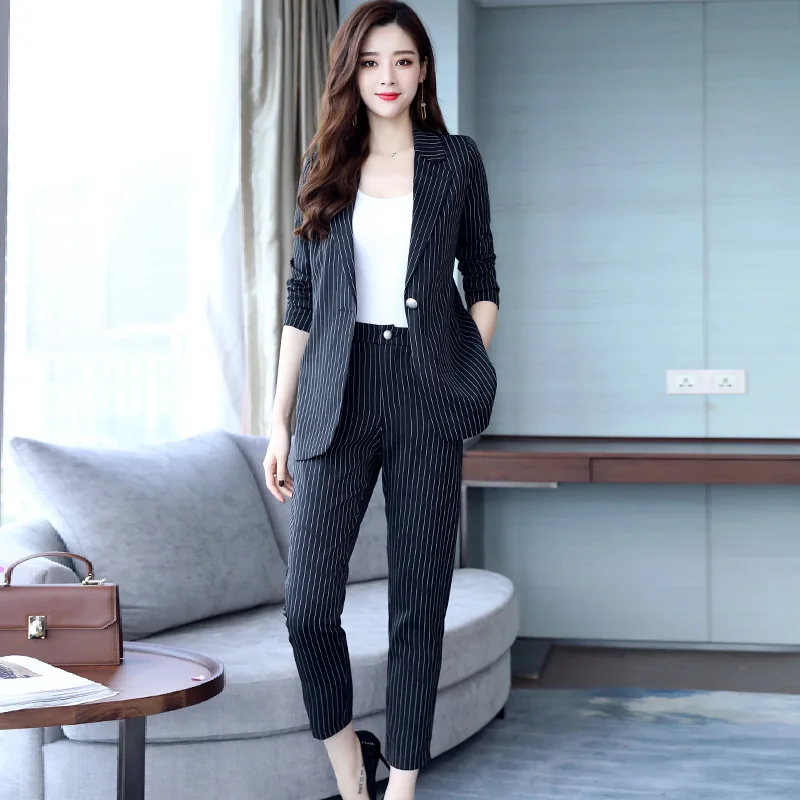 Женский костюм-карандаш в полоску корейский модный комплект из двух предметов