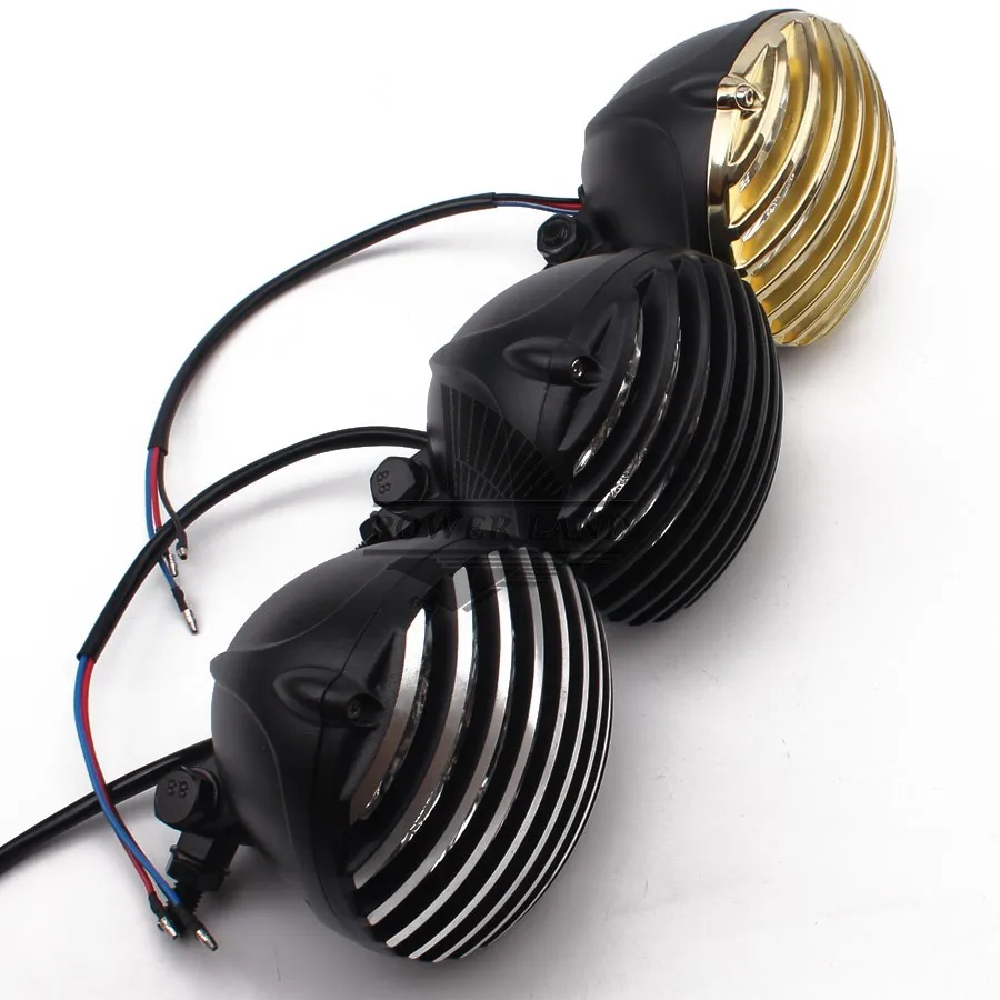 Motorcycle Universal For HD Cafe Chopper Racer Metal Finned Grill Clear Lens H4 Headlight Old School Scalloped Vintage |