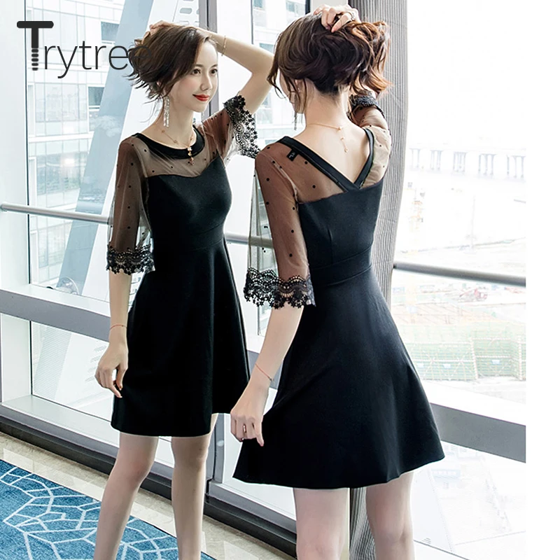 Летнее Повседневное платье Trytree женское кружевное черное ТРАПЕЦИЕВИДНОЕ в