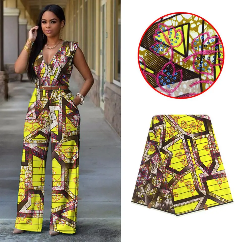 

Latest African Fabrics 100% Cotton Batiki Wax Prints Kitenge/Pagnes/Kikwembe Embroidered Sequins YXL-3