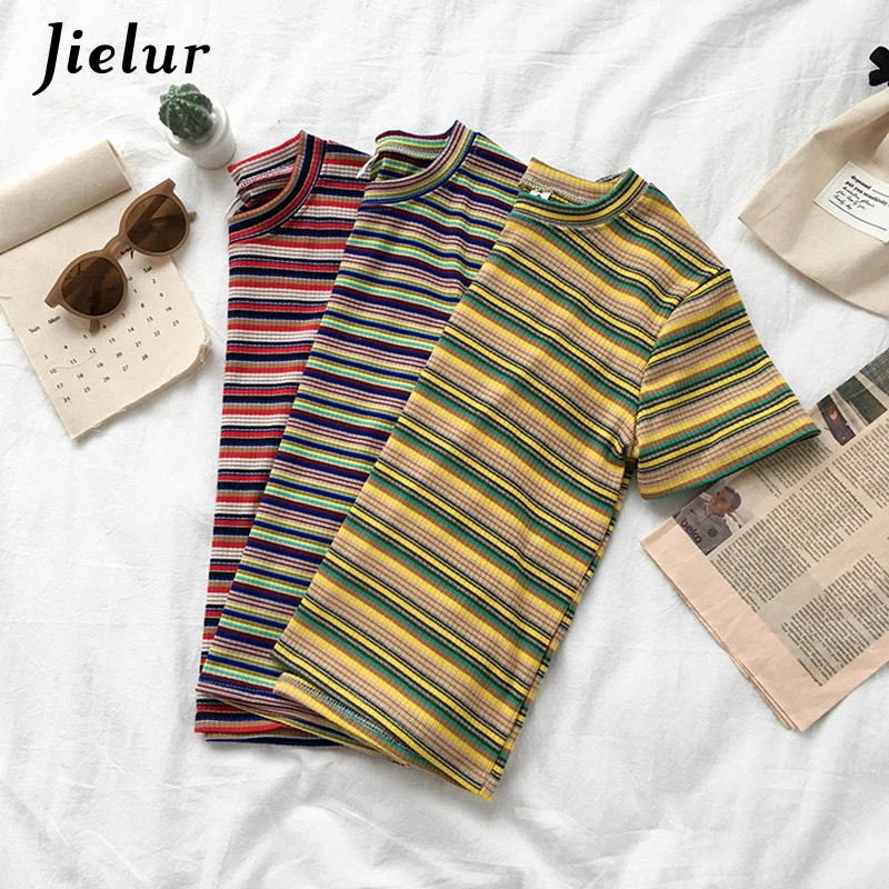Jielur/красные желтые синие женские футболки в полоску 2019 г. Корейская футболка Ulzzang