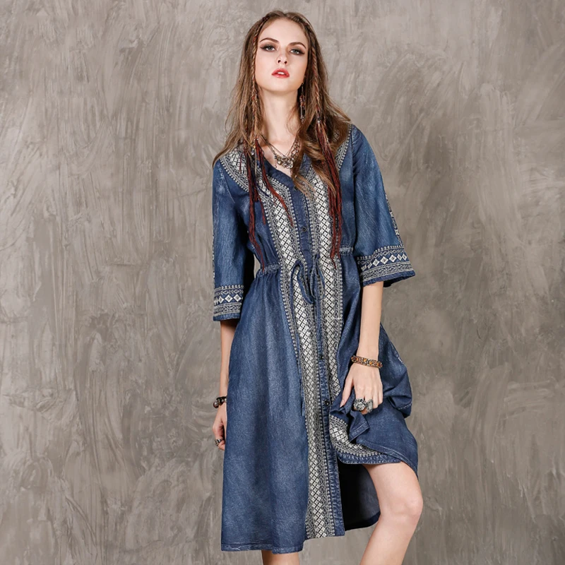 Платье женское осеннее с треугольным вырезом и коротким рукавом|denim women dress|women