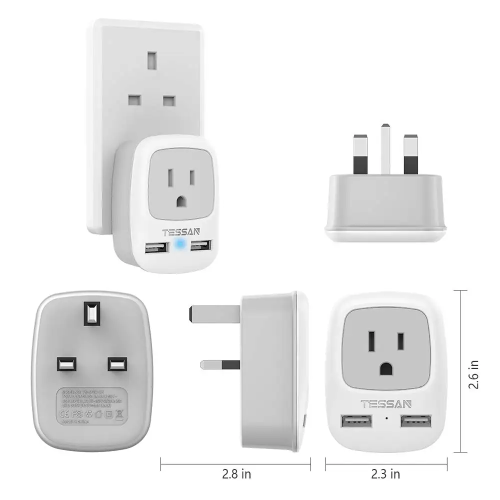 TESSAN Международный адаптер питания с 1 американской розеткой и 2 usb зарядным портом для США в ЕС Германии Франции Италии Великобритании Путешествия