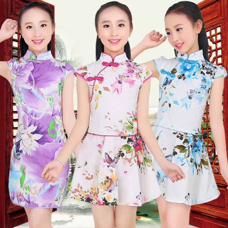Летнее платье Ципао для девочек с цветочным принтом в виде лотоса детское