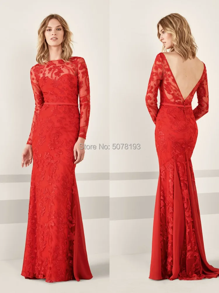 

2019 fashion Scoop full lace sleeves open back zipper mermaid lace chiffon evening dress with belt&buttons free shipping