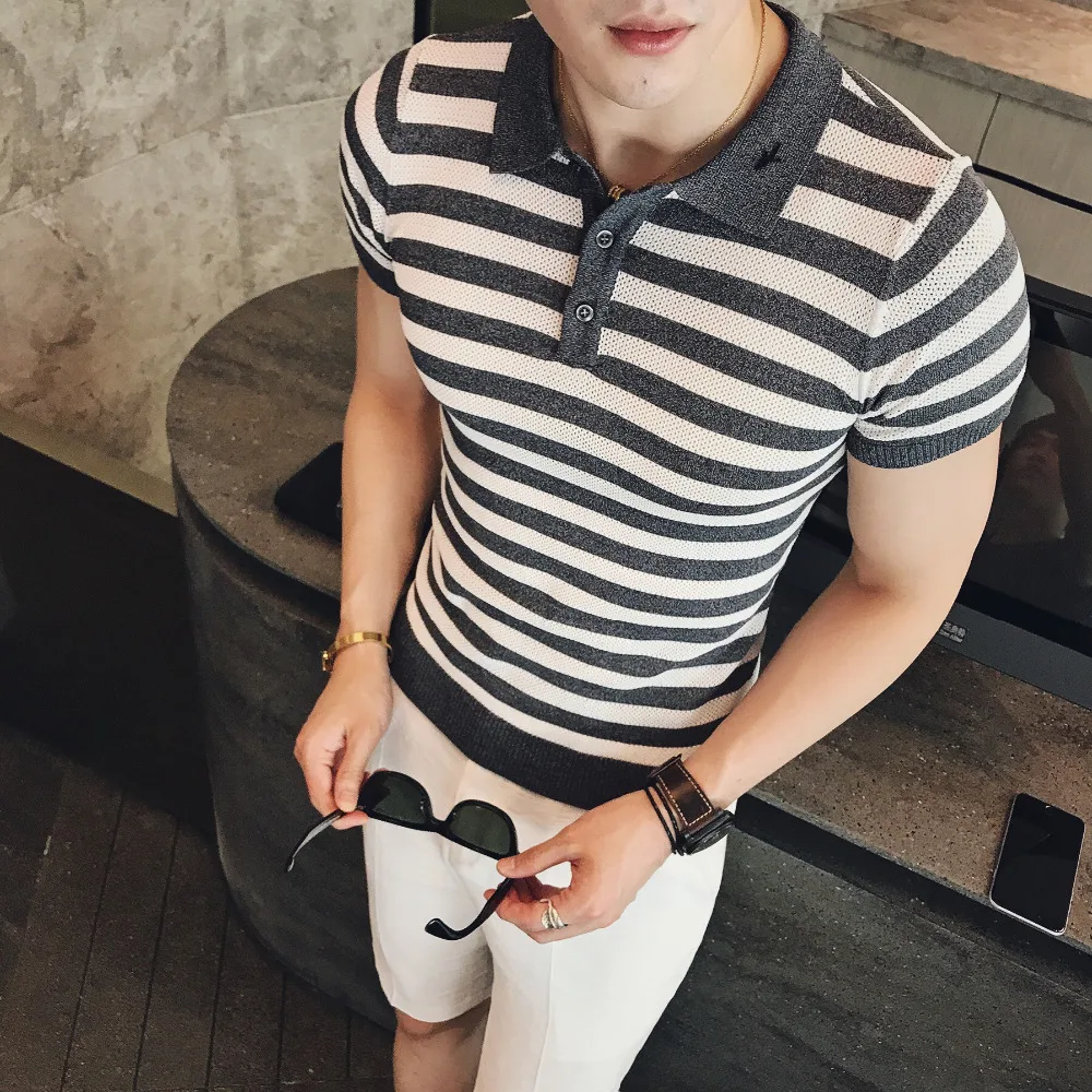 Мужская обтягивающая рубашка-поло с коротким рукавом в полоску английском стиле