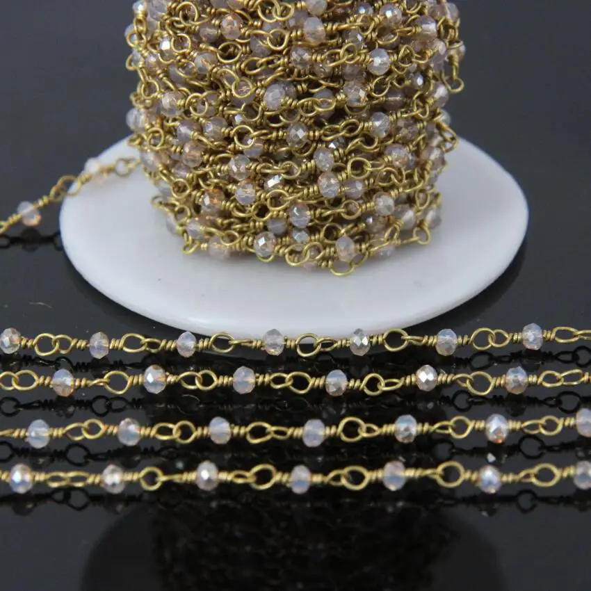 

Champagne Titanium Glass Crystal Brass Wire Wrapped Chain,Faceted Rondelle Beads Rosary Chain,Women Sweater chain 2x3mm