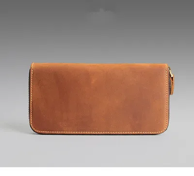 Brown LEACOOL мужской кошелек из натуральной кожи Crazy Horse, Воловья кожа, мужские винтажные длинные тонкие кошельки ручной работы, кошелек, держатель для карт Carteira - Цвет: Brown
