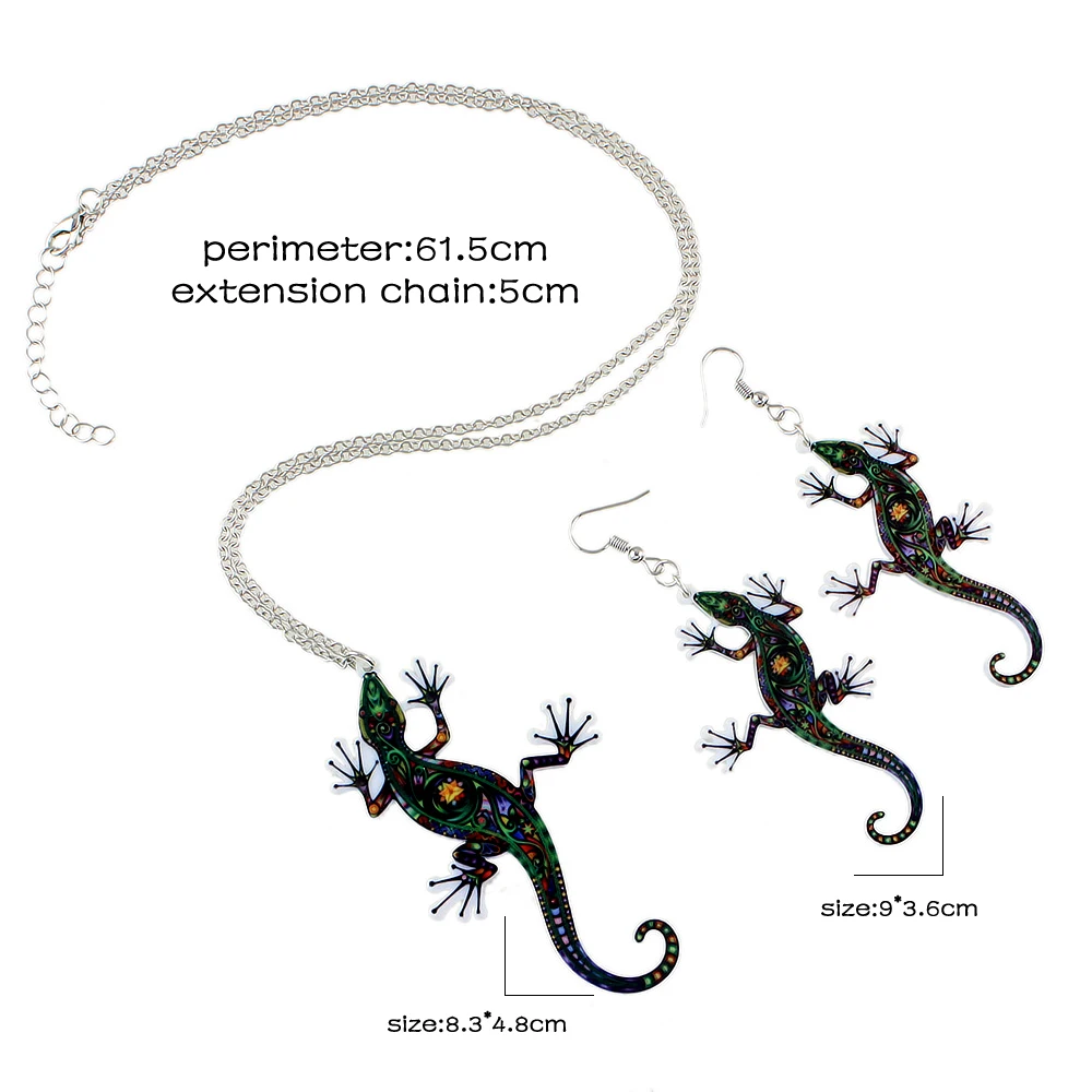Steampunk Accessories Silver Color Chain with Green Gecko Shape Pendant Necklace and Drop Earrings For Women Jewelry Set | Украшения и