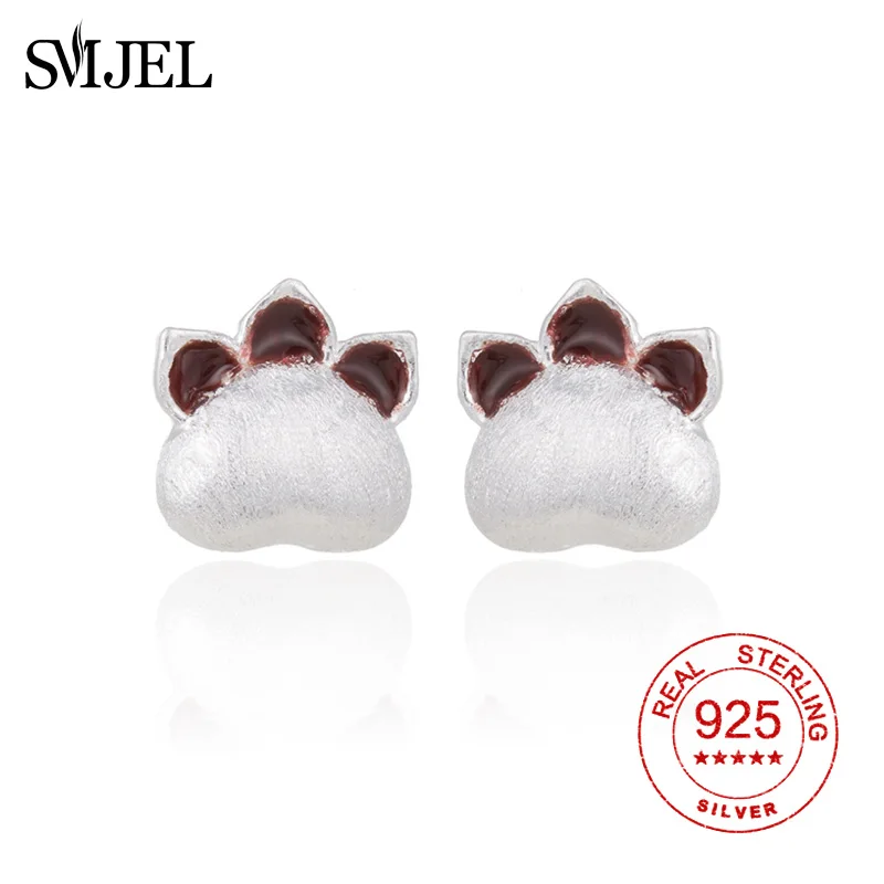 Женские серьги гвоздики SMJEL из серебра 925 пробы с эмалью в виде кошачьей лапы