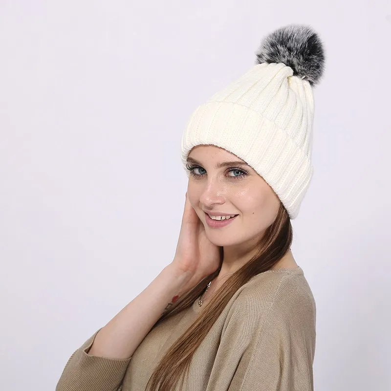 Для женщин трикотажные искусственного меха лисы Pom pom hat одноцветное Цвета