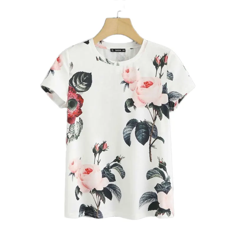 SHEIN, женская футболка с круглым вырезом и цветочным принтом,, Повседневная летняя футболка с коротким рукавом, белые женские топы на выход