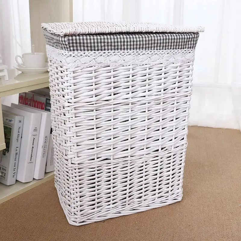 White with GreyLiner Натуральная плетеная корзина для хранения грязной одежды, Сетчатое ведро для хранения белья с крышкой, Большой Вместительный бытовой Органайзер из ротанга - Цвет: White with GreyLiner