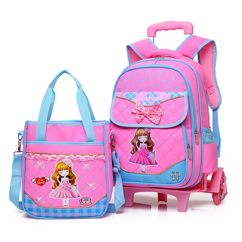 2pcs/Set Trolley School Bag for Girls Cute Bow With Princess larger Capacity bags with six Wheels Kids Hand Bags | Багаж и сумки