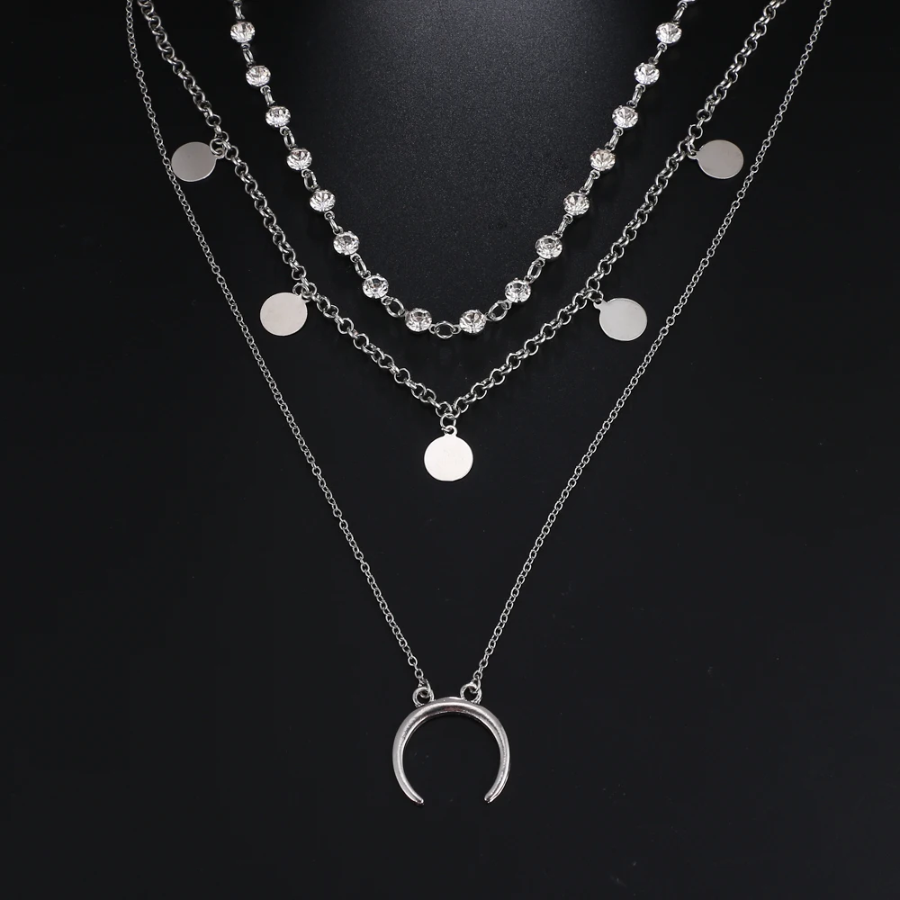 FAMSHIN Multilayer Crystal Moon Pendant Necklaces For Women Vintage Charm Choker Necklace Statement Party Jewelry Accessories | Украшения и