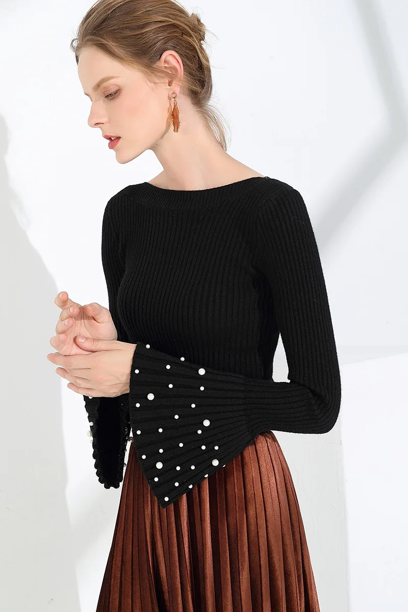 2018 New Winter Autumn Women Pullover Knitted Sweaters Flare Sleeve Slash NecK Pullovers Knitwear Bottom Slim Beading sweater | Женская