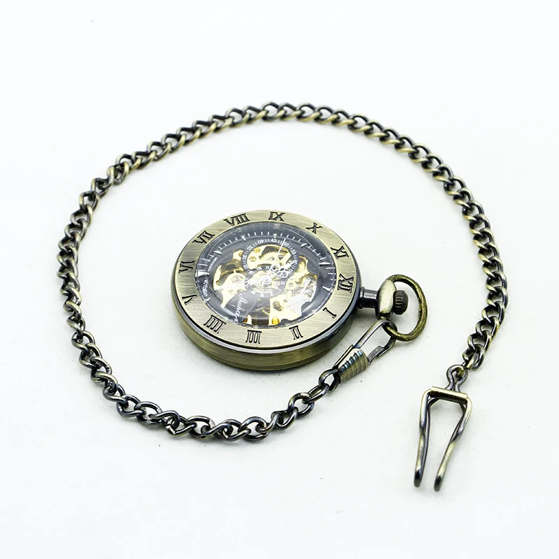Simple Retro Roman Numerals Engraving Machine Pocket Watch Antique Steampunk Skeleton Hand Style Fob Chain Men's Watch Gift