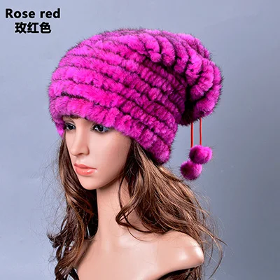 Rose red Норковая меховая шапка, натуральная зимняя вязаная норковая шапка для женщин, теплая черная меховая шапка, дамские шапочки, русские женские шапки Qiusidun - Цвет: Rose red