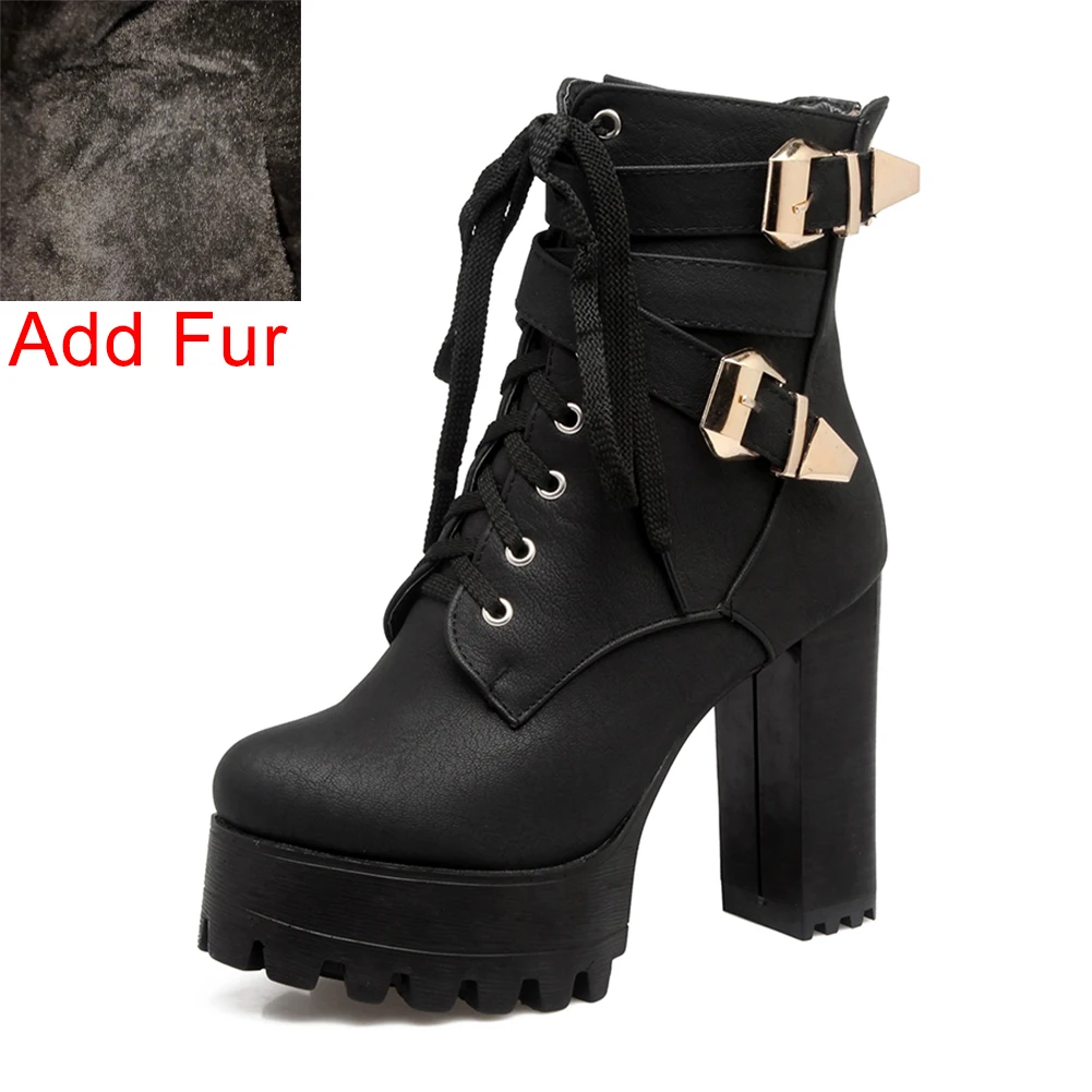 black thick fur BONJOMARISA/ г. Весенне-зимние женские ботильоны черные ботинки на платформе и высоком каблуке 11 см размера плюс 33-50, женская обувь на шнуровке - Цвет: black thick fur