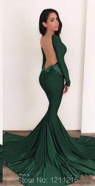 2016 зеленое длинное вечернее платье с аппликацией глубоким вырезом на спине