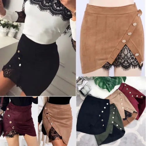 2017 женские мини юбки с пуговицами и разрезом высокая талия замша кожа карман
