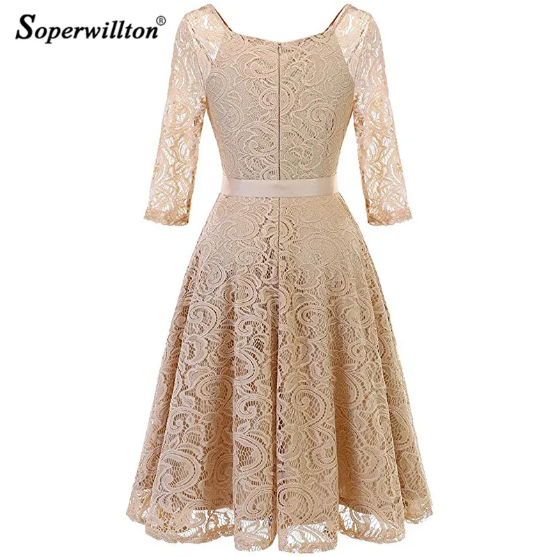 2019 осеннее кружевное платье женское с рукавом 3/4 и v образным вырезом Красное