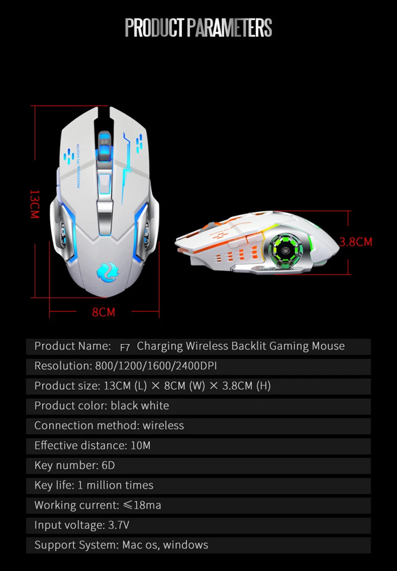 Беспроводная подзарядка Gearwheel с подсветкой светящаяся Игровая USB мышь 2,4 ГГц 2400 dpi аккумулятор встроенный черный белый геймер