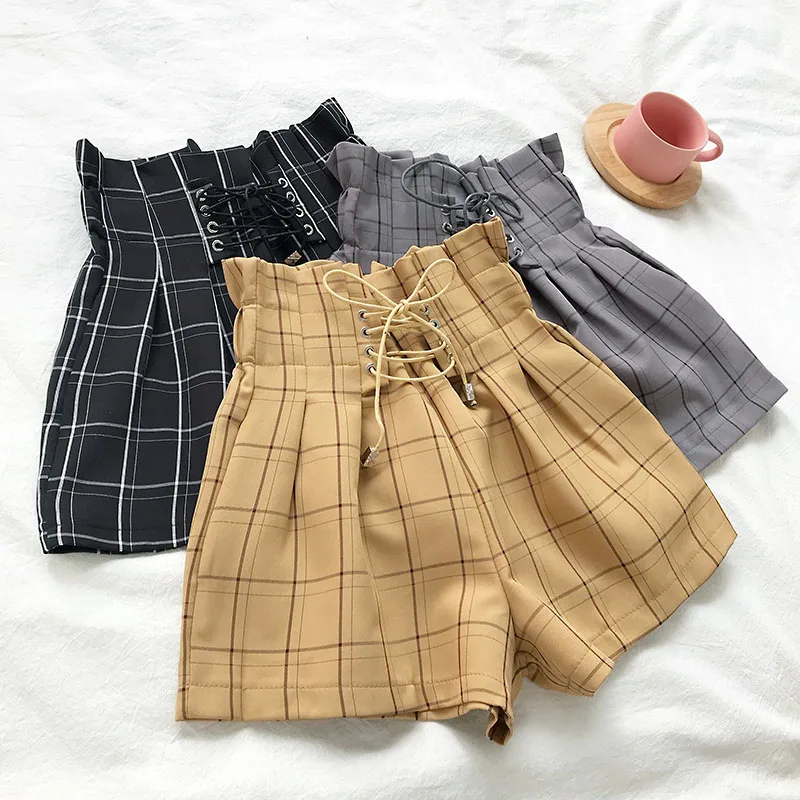 

Vintage Ladies Lace Up Plaid Print Loose Shorts Women Casual Summer Mini Short Pants High Waist Bandage OL Elegant Retro Shorts