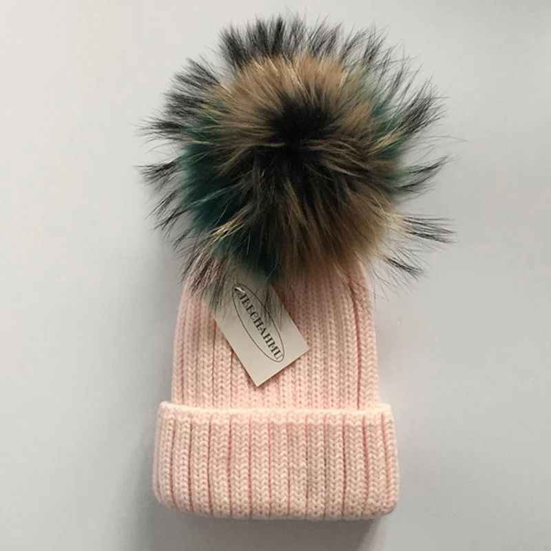 Модная новинка, помпоны из натурального Лисьего меха и норки, 15 см, Skullies Beanies, шапки для женщин и девочек, зимние шапки, детские шапки, шапка