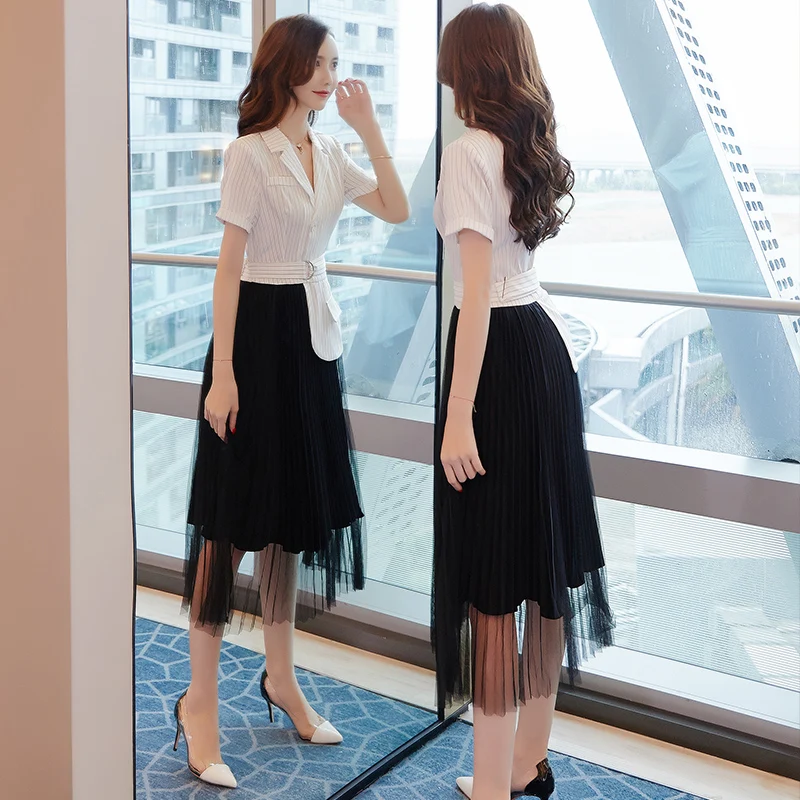 Striped Fake Two Dress Women A-line Female Office Lady Women's Dresses Irregular Ol Shirt Sashes Vestido De Festa | Женская одежда