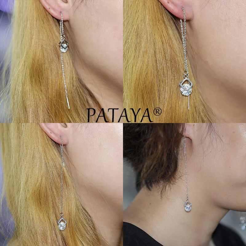 white PATAYA, Новое поступление, длинные серьги из настоящего белого золота, модные ювелирные изделия, натуральный циркон, висячие серьги, женские классические ювелирные изделия для помолвки - Окраска металла: white