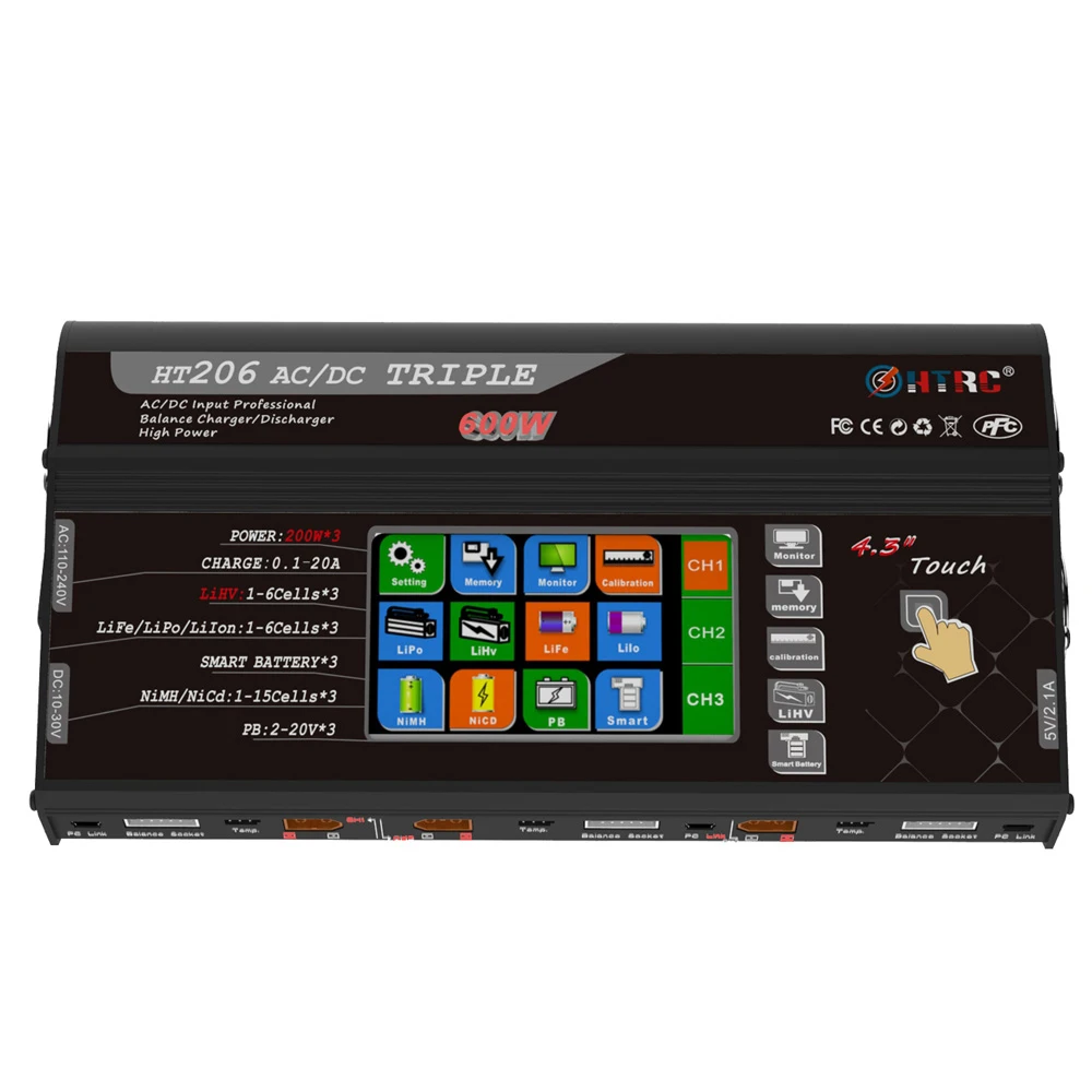 Зарядное устройство HTRC HT206 TRI AC/DC 3X200W 3X20A 4 3 дюймовый сенсорный ЖК экран