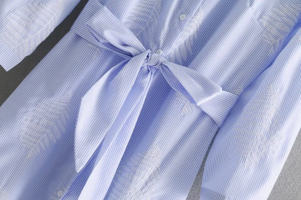 VOGUEIN New Womens Lapel Leaf Embroidered Striped Bow Belt Long Blouse Shirt Wholesale |