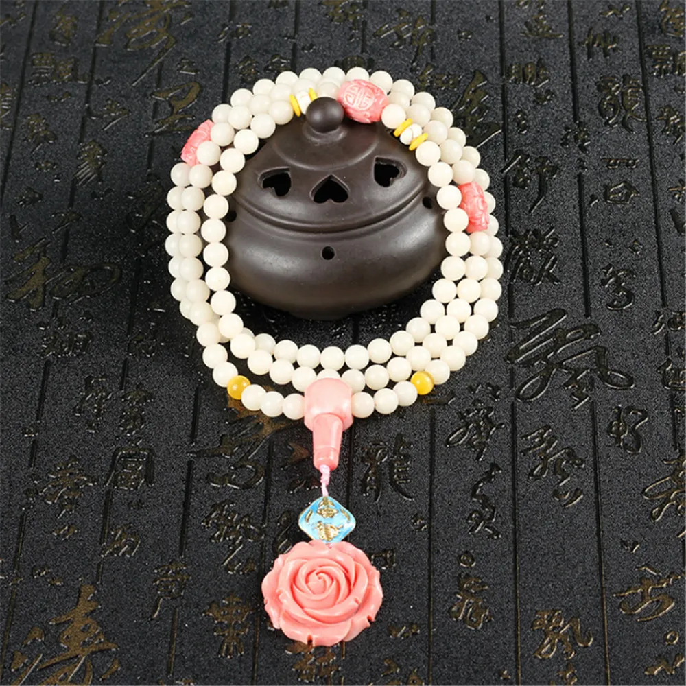 8 мм натуральный белый бусинки корня Bodhi 108 Mala бисерный браслет с розовой розой