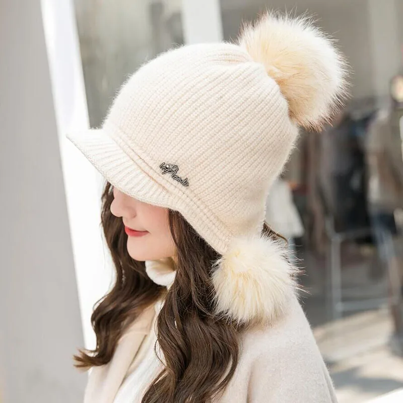 

SUOGRY Women Knitted Hats Winter Solid Rabbit Hair Warm Pompom Soft Earmuffs Cozy Bonnet Caps for Girls 2018 Skullies Caps