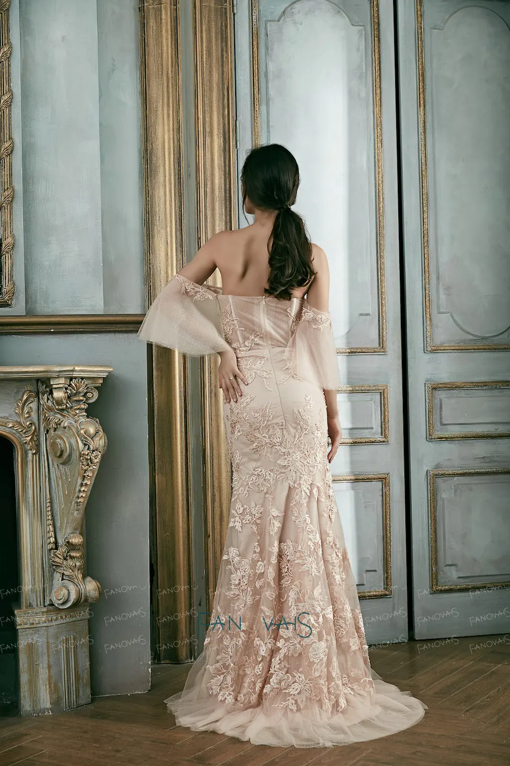 Румяна Розовое Кружево Вечерние Платья Съемные Рукава Партии Длинные Vestido De Festa
