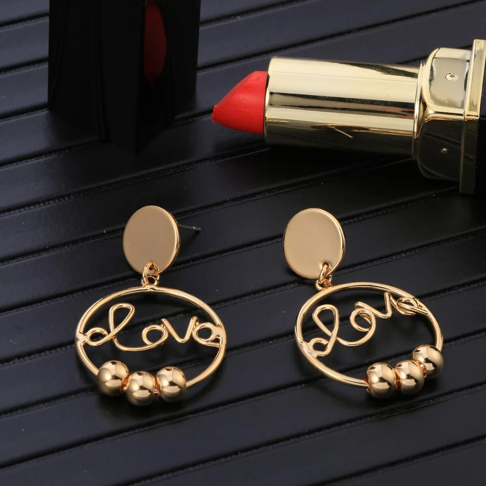 Korea Style Gold Round Love Letter Drop Earrings Slip Beads Lovely Dangle For Women Jewelry Party Gifts 2018 Hot Sell | Украшения и