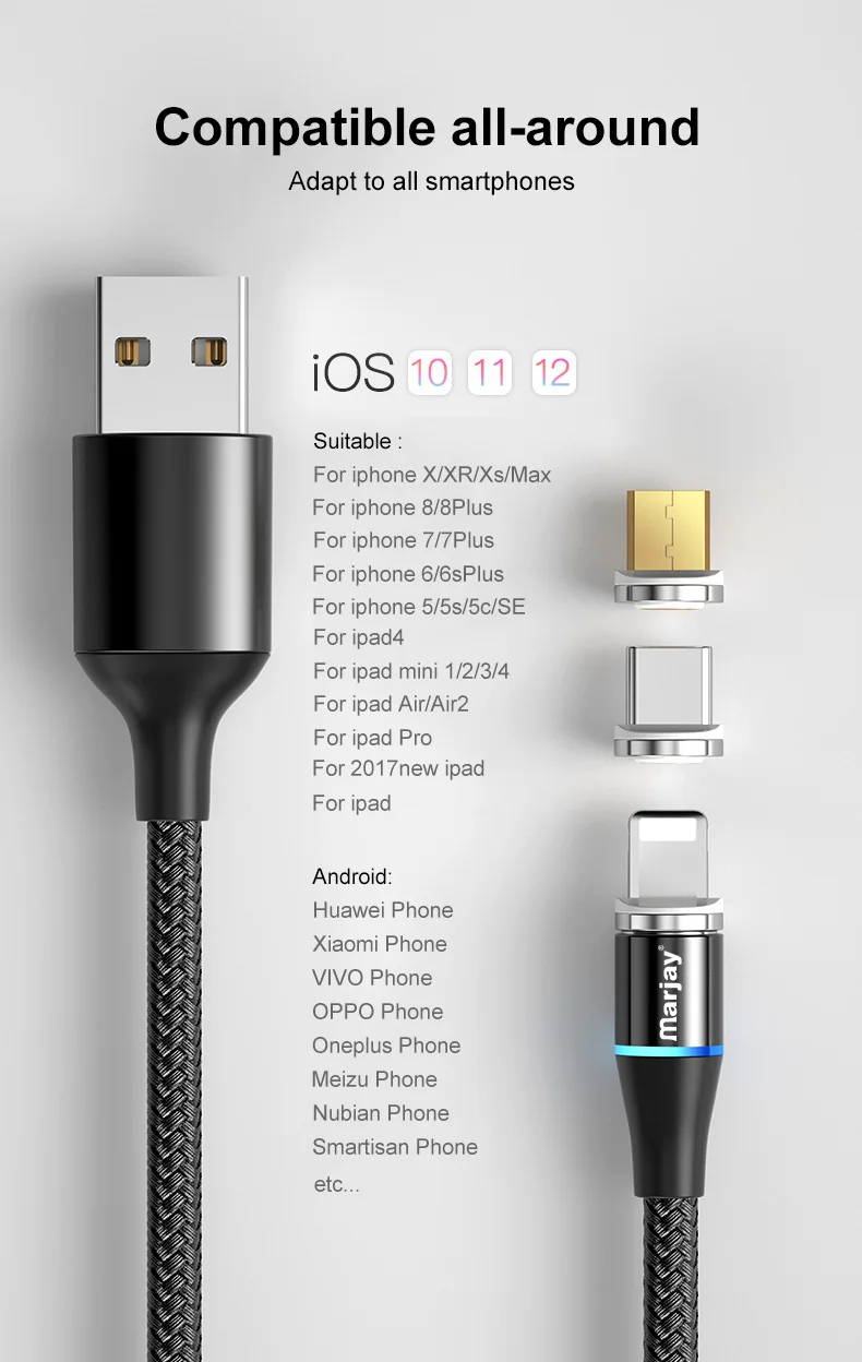 Магнитный кабель Marjay, 2 м, 3 А, быстрая зарядка, 3,0, Micro usb type-C кабель для iphone X Xs Max, samsung, Xiaomi, магнитный шнур для быстрой зарядки