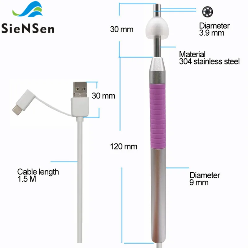 SieNSen 3 9 мм Гибкая визуальная камера 1 мегапикселей Otoscope мини Usb для USB/Micro USB/Type C ER 006