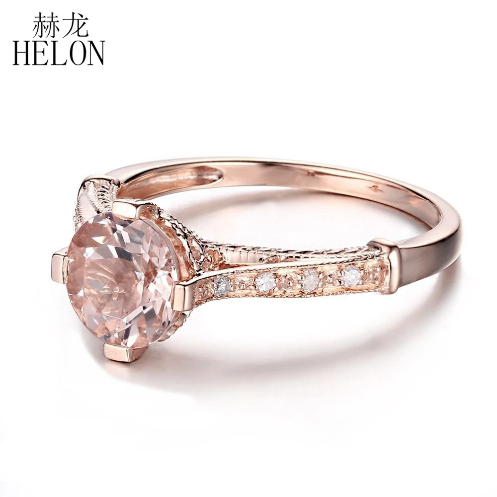 HELON Real 14 K розовое золото 7 мм круглый 1.44ct морганит Natual Алмазный старинный Античный стиль обручальное свадебное женское Ювелирное кольцо