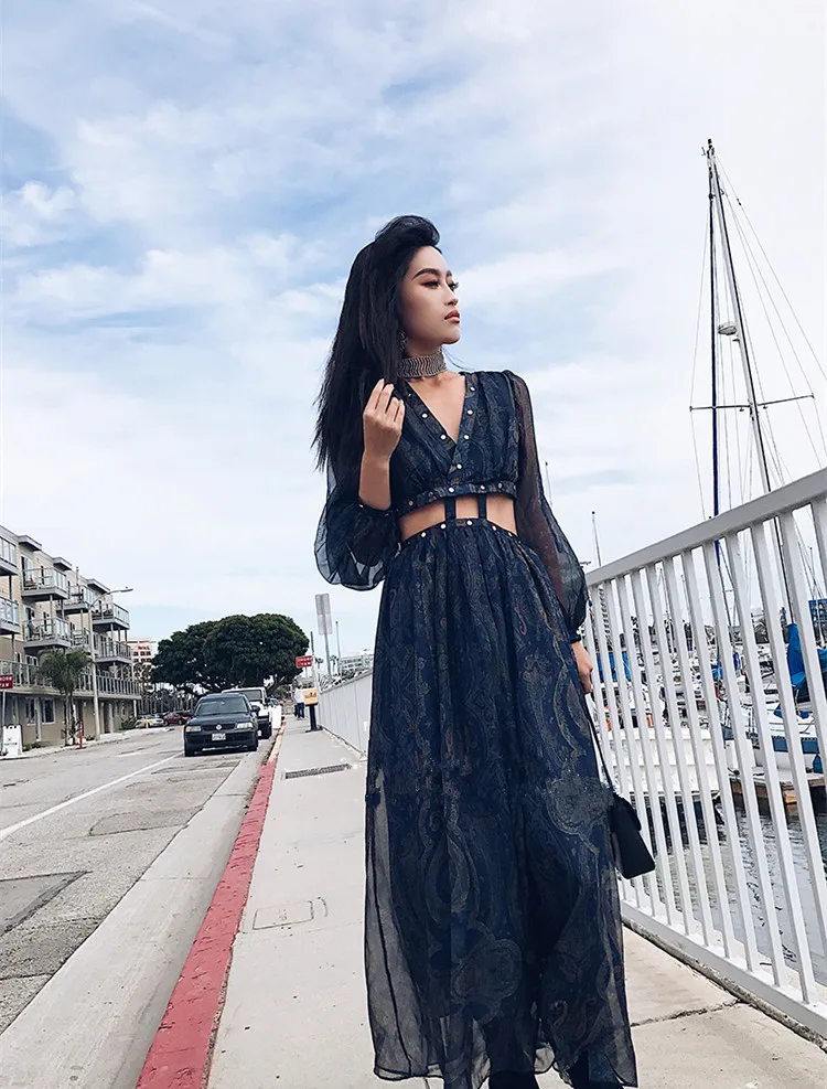 WHITNEY WANG 2018 Весенняя мода богемный стиль Сексуальная выдалбливают печатных