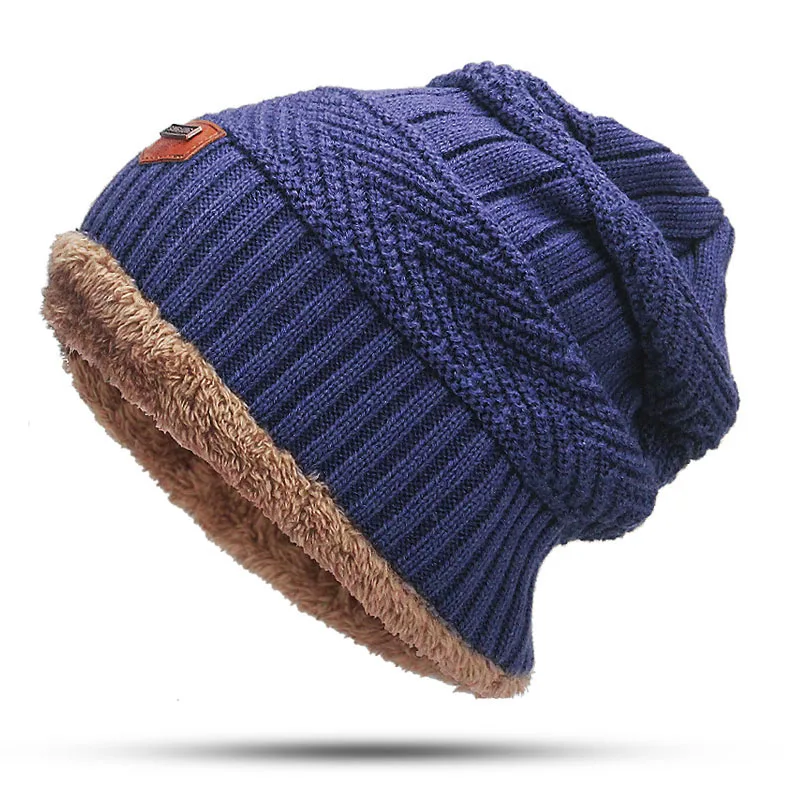 Hat Blue Для мужчин зимняя Осенняя шапка Модная вязаная черная Лыжная Шапки Толстая теплая шапка Кепки капот Skullies шапочка Мягкая трикотажная шапочки хлопок - Цвет: Hat Blue
