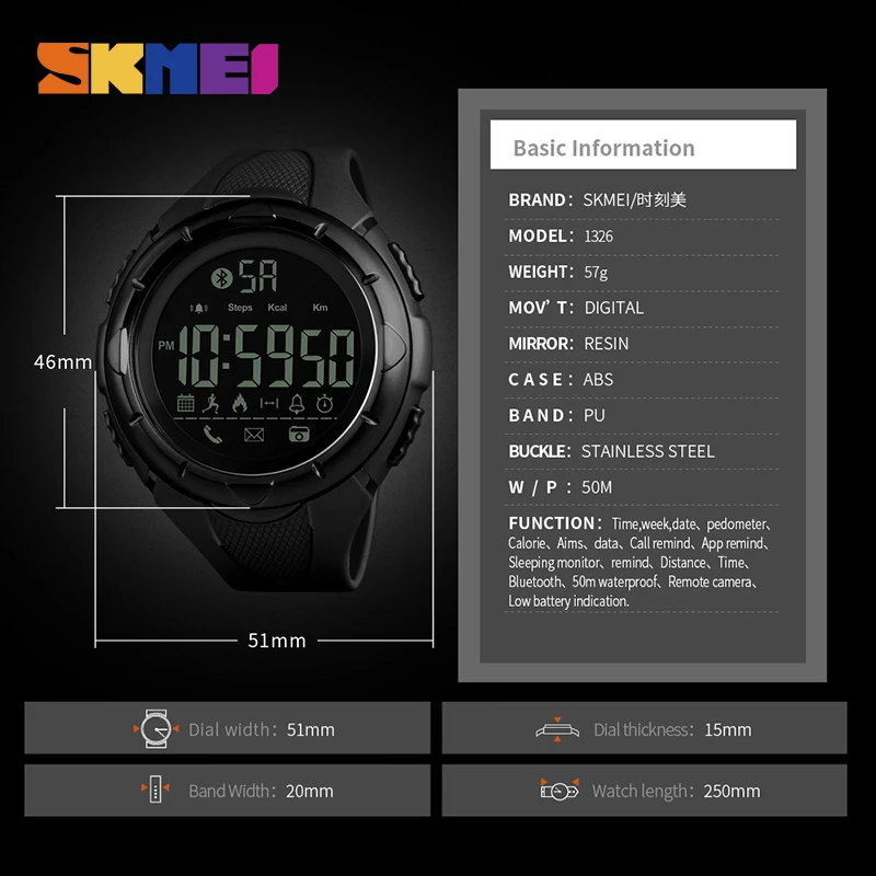SKMEI Для мужчин модные часы Smart Watch Водонепроницаемый шагомер калории Bluetooth