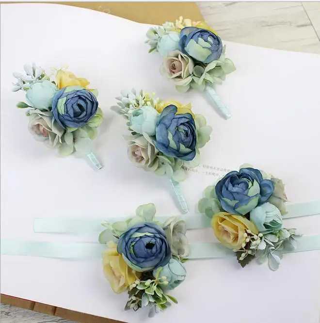 

50Pcs DIY Blue corsage flower Free shipping bride groom bridesmaids corsage brooch hand wrist flower wedding photography props