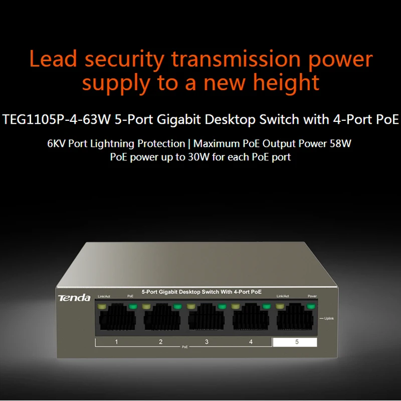 Tenda TEG1105P-4-63W гигабитный коммутатор poe сетевой переключатель ethernet 5*10/100/1000 Мбит/с RJ45 Порты и разъёмы 10 Гбит/с коммутации Ёмкость plug& Play