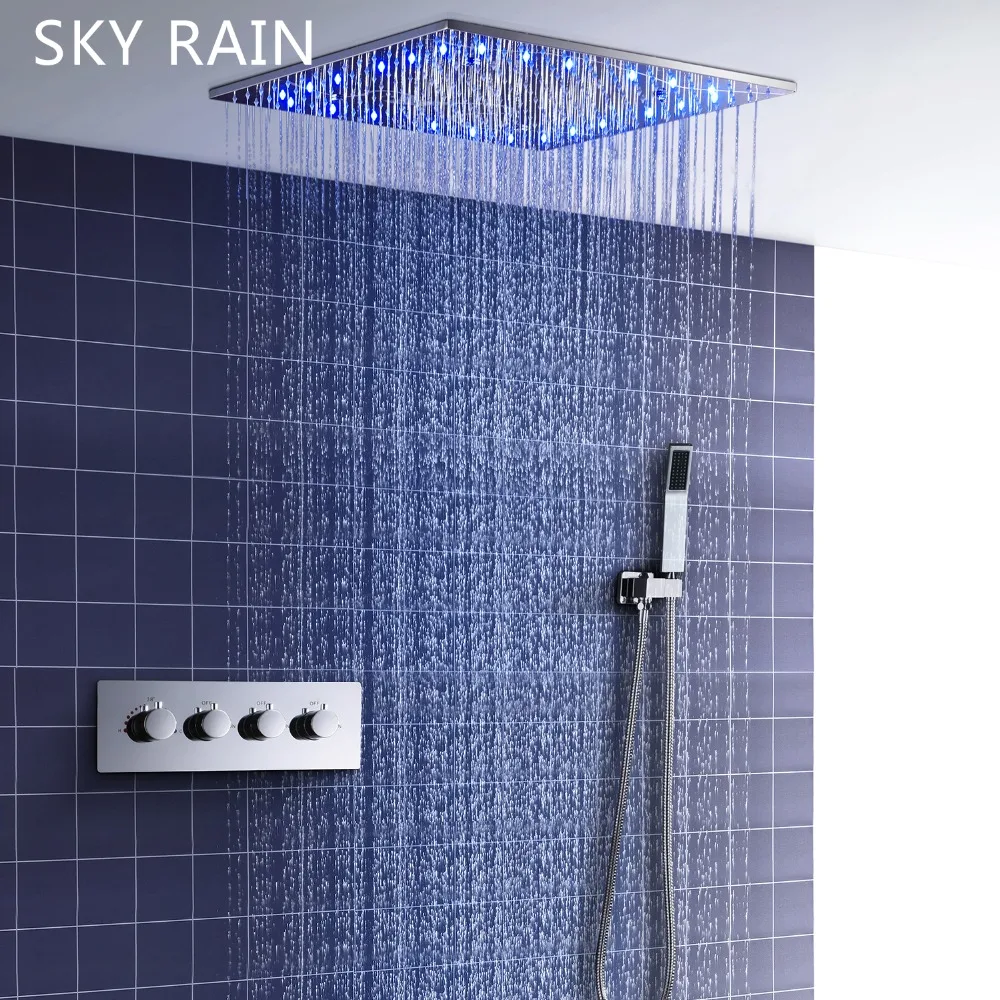 Bathroom 20 Inches LED Rainfall Massage SPA Mist Square Shower Head With Thermostatic Mixer Diverter Valve