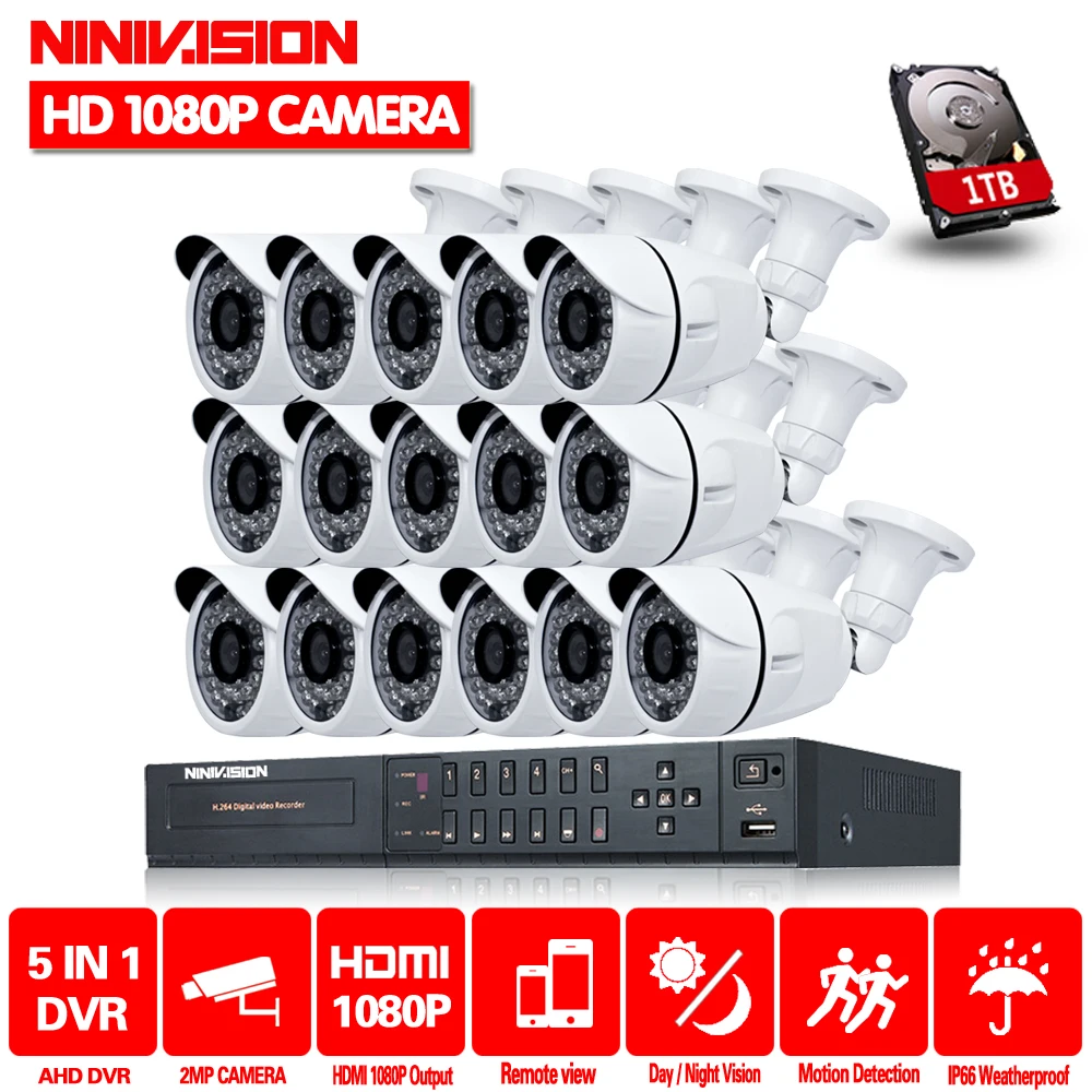 Система видеонаблюдения NINIVISION 16CH 2MP 1080P HDMI DVR 16 шт. наружная домашняя система с 2 ТБ