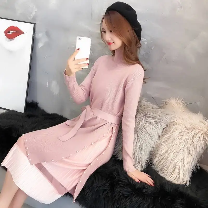 

2019 Spring Autumn Women Elegant Casual Patchwork Knitted Dresses Female Sashes Turtlenck Pleated Pullover Sweater Vestidos H12